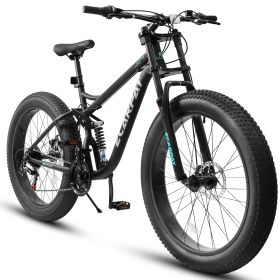A26309 26 Inch Mountain Bike,Full-Suspension 21 Speeds Drivetrain With Disc-Brake Bicycle, Fat Tire Bike For Men (Color: Black)